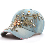 Diamond Embroidery Flower Denim Snapback Hat